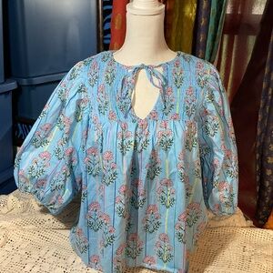 NWOT Boutique smocked babydoll top light blue floral XL